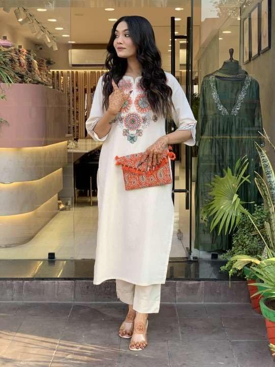 Women's Pure Cotton Embroidery Floral Printed Straight Coo-rd Set Kurti with Pant (White)