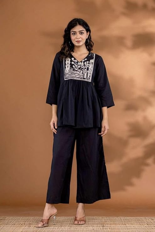 Women's Cotton Embroidered Flared Kurta with Pant Set