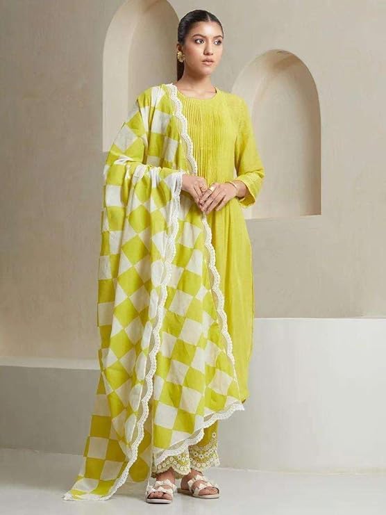 Women's Cotton Printed Line Flared Straight Kurti with Palazzo and Dupatta (Parrot Green)