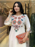 Women's Pure Cotton Embroidery Floral Printed Straight Coo-rd Set Kurti with Pant (White)