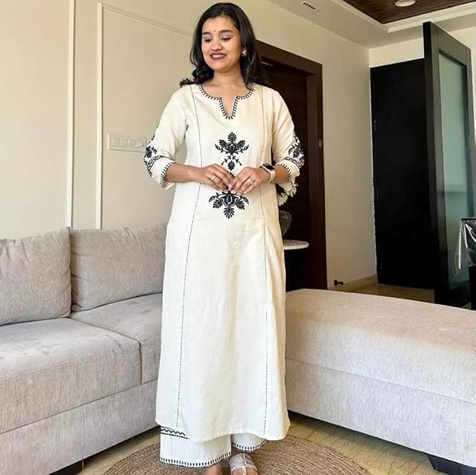 Women's Cotton Embroidered Straight Kurta with Palazzo (White)