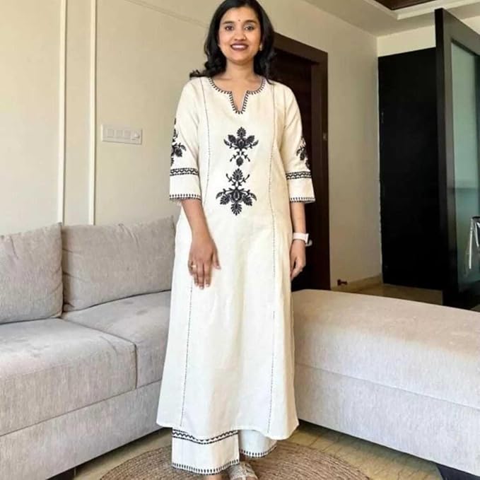 Women's Cotton Embroidered Straight Kurta with Palazzo (White)