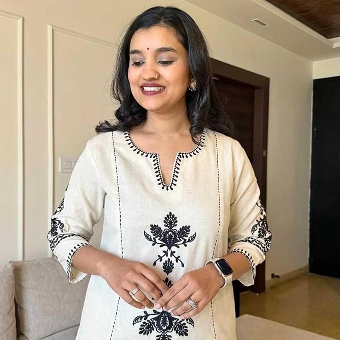 Women's Cotton Embroidered Straight Kurta with Palazzo (White)