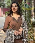 Women Pure Cotton Embroidery Straight Kurti with Pant & Dupatta Set (Brown)