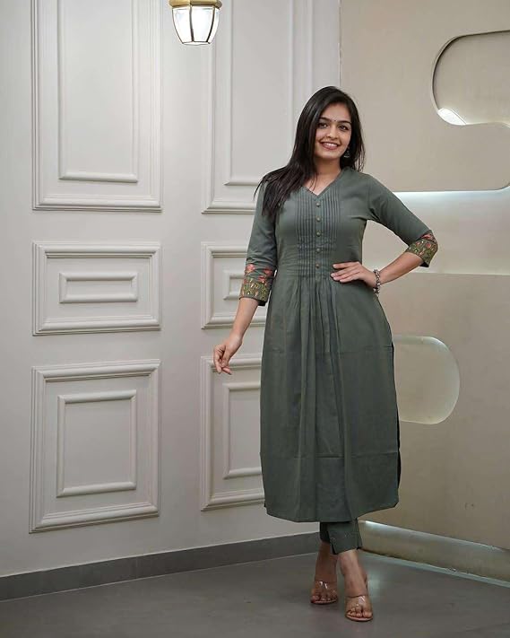 Women's Cotton a-line Flared Straight Kurti with Pant