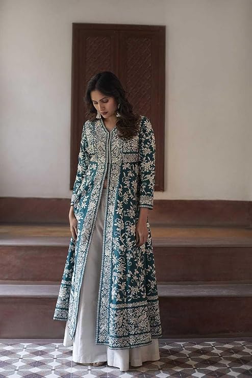 Women's Cotton Embroidery A-line Kurti With Palazzo Set