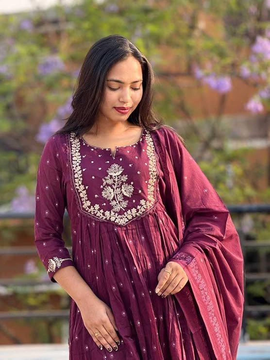 Women's Cotton Embroidery Anarkali Kurti and Pant with Dupatta Set
