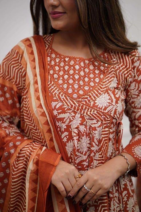 Women's Cotton Floral Printed Anarkali Kurti With Pant and Mulmul Dupatta Set