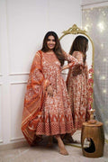 Women's Cotton Floral Printed Anarkali Kurti With Pant and Mulmul Dupatta Set