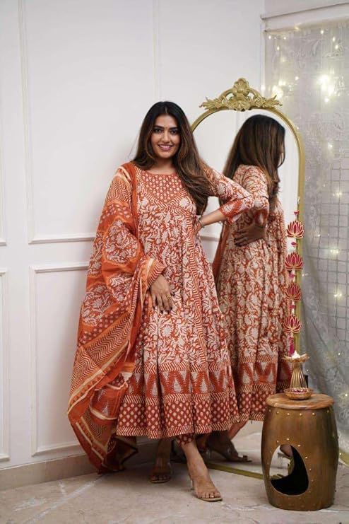 Women's Cotton Floral Printed Anarkali Kurti With Pant and Mulmul Dupatta Set
