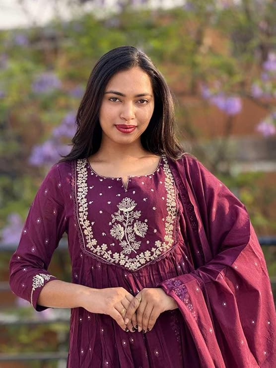 Women's Cotton Embroidery Anarkali Kurti and Pant with Dupatta Set