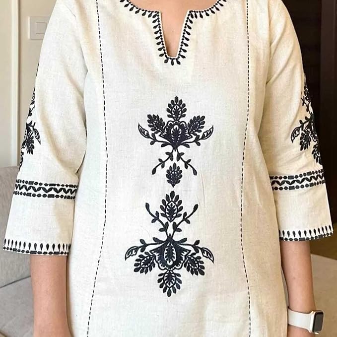 Women's Cotton Embroidered Straight Kurta with Palazzo (White)