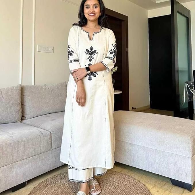 Women's Cotton Embroidered Straight Kurta with Palazzo (White)