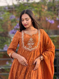 Women's Cotton Embroidery Anarkali Kurti and Pant with Dupatta Set