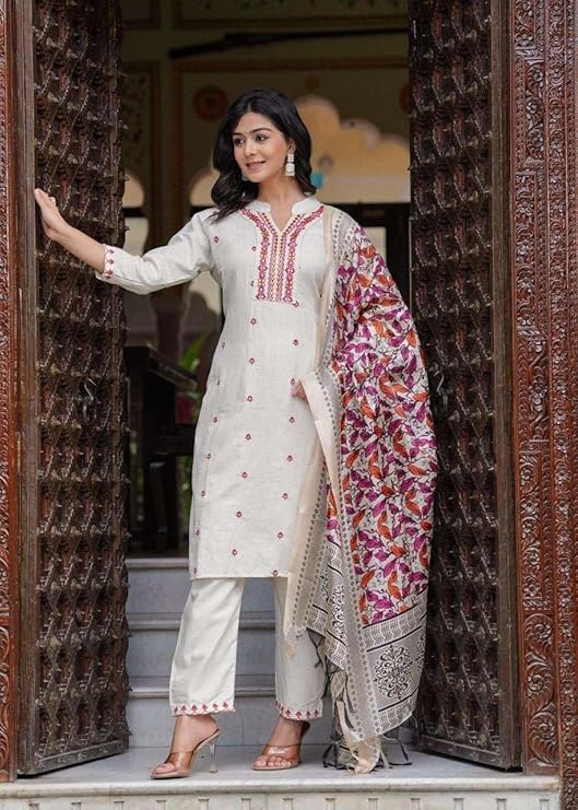 Women's Cotton Embroidered Straight Kurti With Pant and Dupatta Set