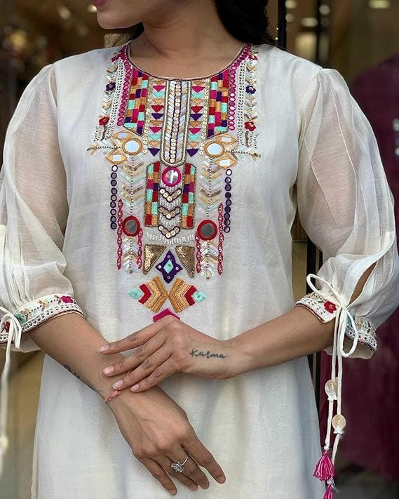 Women's Cotton Mirror Work Embroidered Straight Kurti With Pant and Dupatta Set