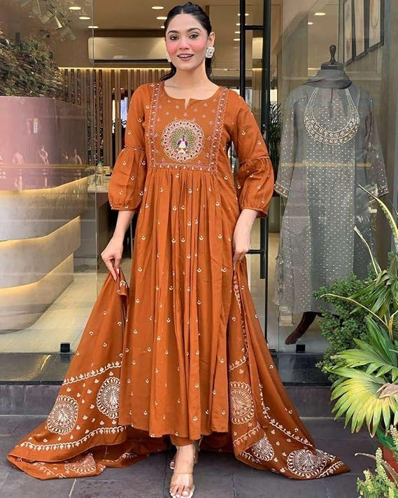 Women's Cotton Embroidered Anarkali Kurti With Malmal Dupatta Set