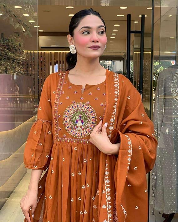 Women's Cotton Embroidered Anarkali Kurti With Malmal Dupatta Set