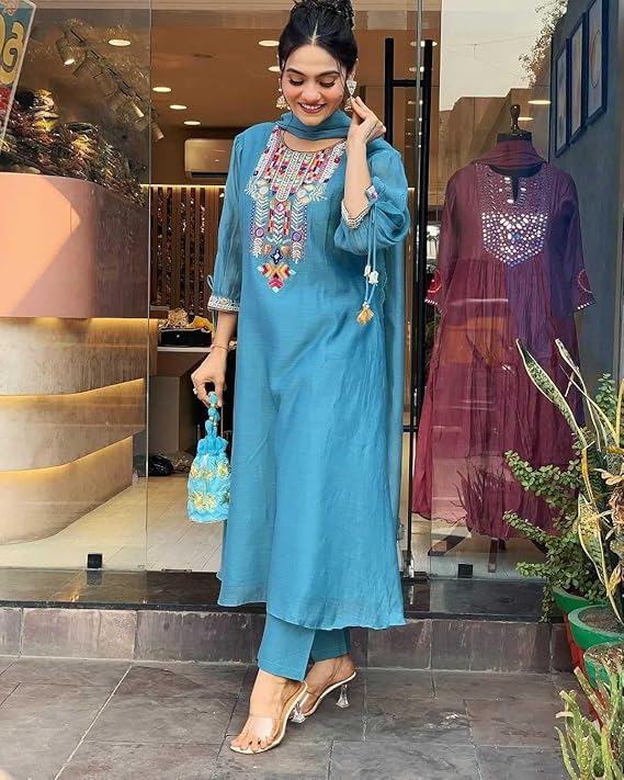 Women's Cotton Mirror Work Embroidered Straight Kurti With Pant and Dupatta Set
