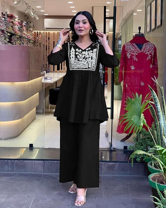 Women's Cotton Embroidered Flared Kurta with Pant Set