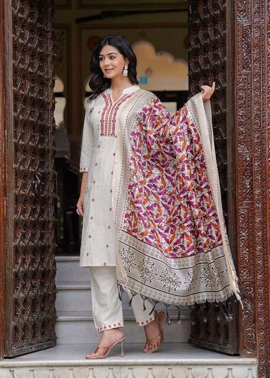 Women's Cotton Embroidered Straight Kurti With Pant and Dupatta Set