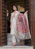 Women's Cotton Embroidered Straight Kurti With Pant and Dupatta Set