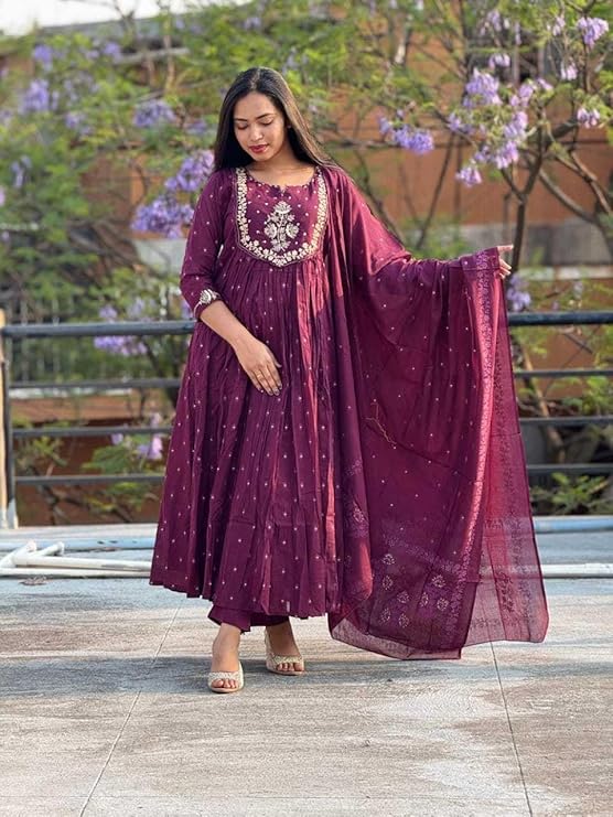 Women's Cotton Embroidery Anarkali Kurti and Pant with Dupatta Set