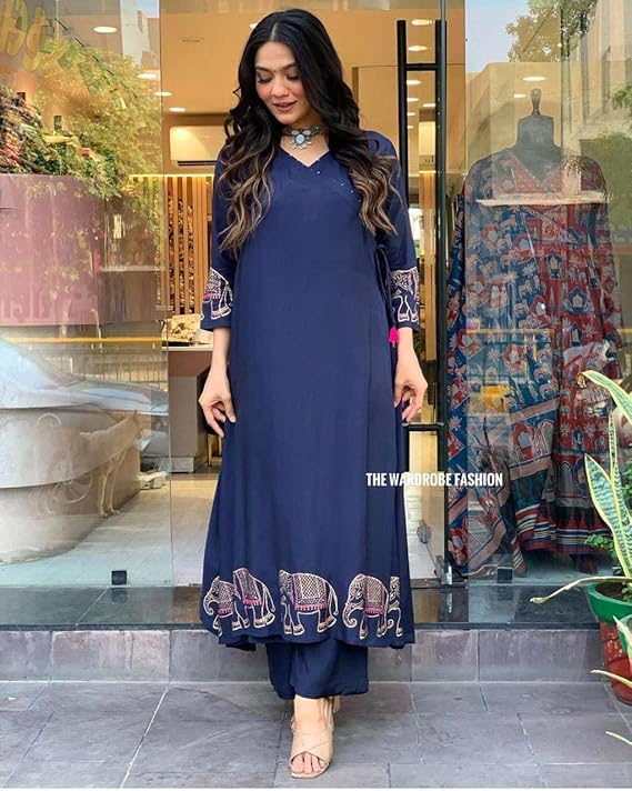 Women's Rayon Embroidered Straight Kurti with Pant Set
