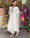 Women's Cotton Mirror Work Embroidered Straight Kurti With Pant and Dupatta Set