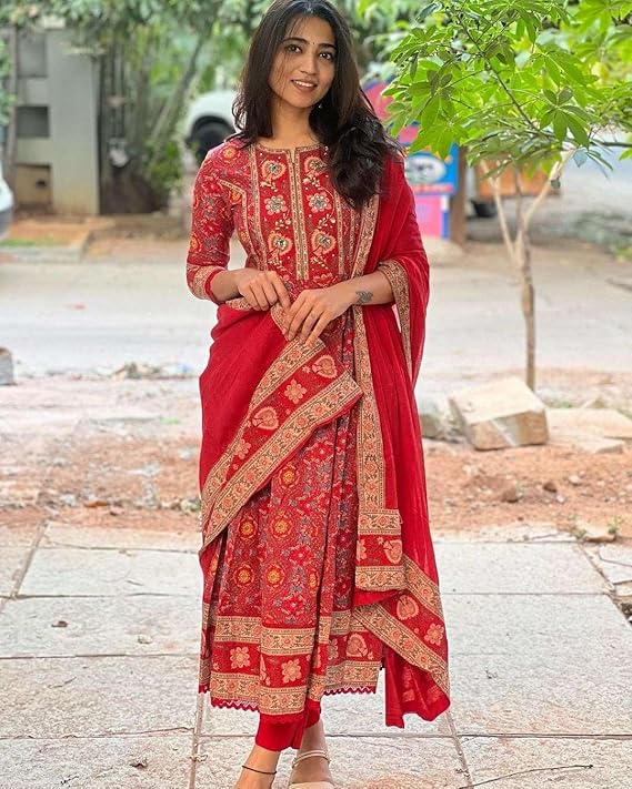 Women's Cotton Anarkali Embroidery Designer Long Anarkali Kurti With Pant and Dupatta Set (Red)