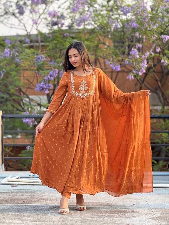 Women's Cotton Embroidery Anarkali Kurti and Pant with Dupatta Set