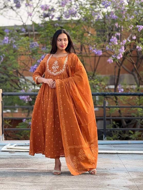 Women's Cotton Embroidery Anarkali Kurti and Pant with Dupatta Set