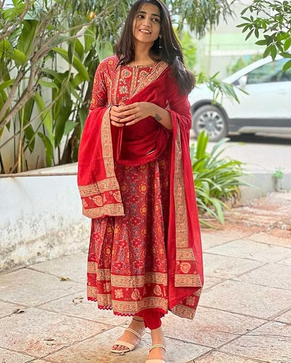 Women's Cotton Anarkali Embroidery Designer Long Anarkali Kurti With Pant and Dupatta Set (Red)