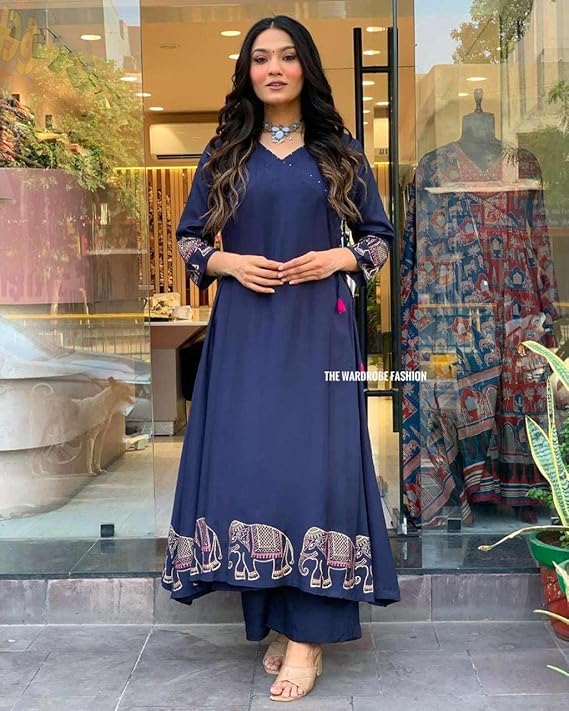 Women's Rayon Embroidered Straight Kurti with Pant Set