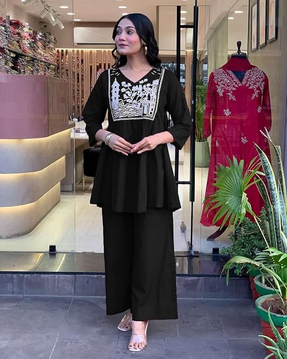 Women's Cotton Embroidered Flared Kurta with Pant Set