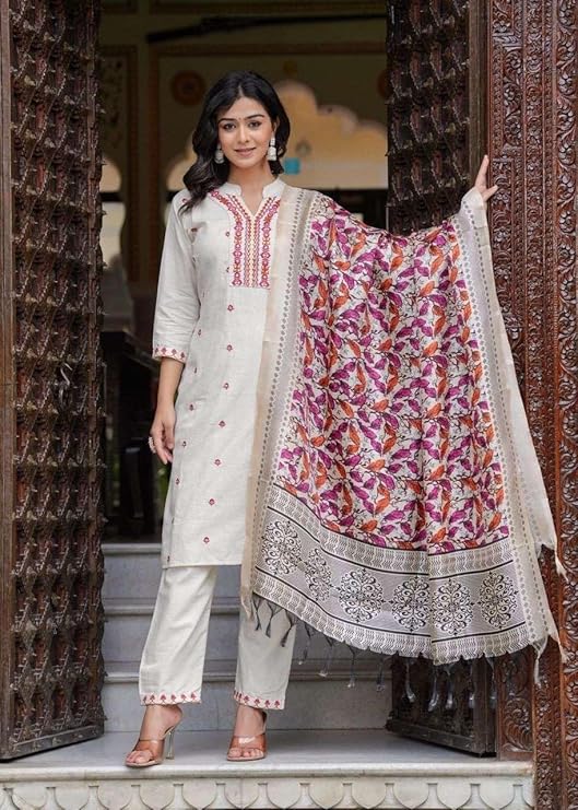 Women's Cotton Embroidered Straight Kurti With Pant and Dupatta Set