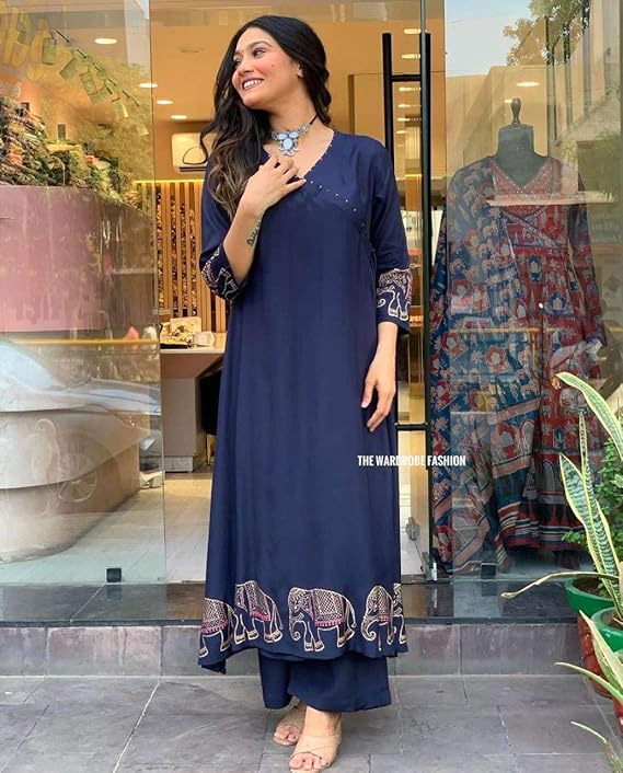Women's Rayon Embroidered Straight Kurti with Pant Set