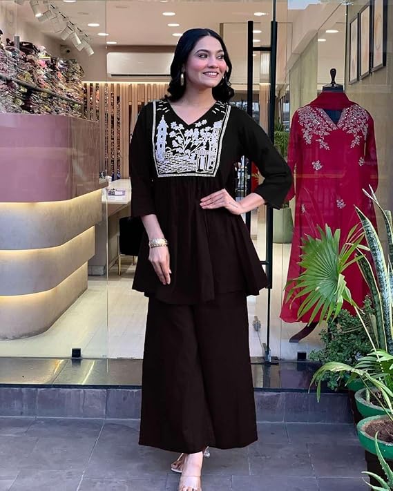 Women's Cotton Embroidered Flared Kurta with Pant Set