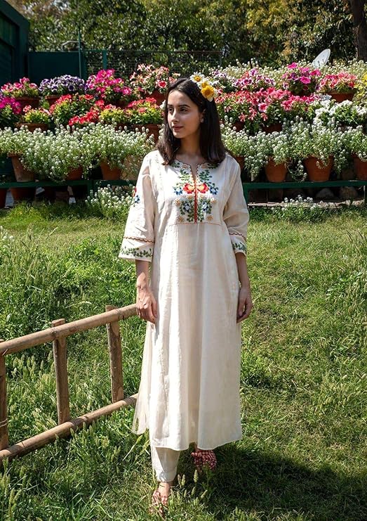 Women's Cotton Embroidered Straight Kurti with Pant