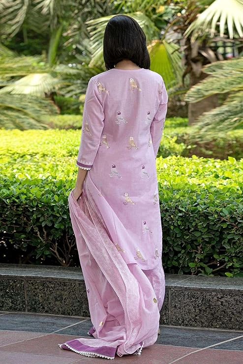 Women's Cotton Embroidered Straight Kurti with pant and Dupatta Set