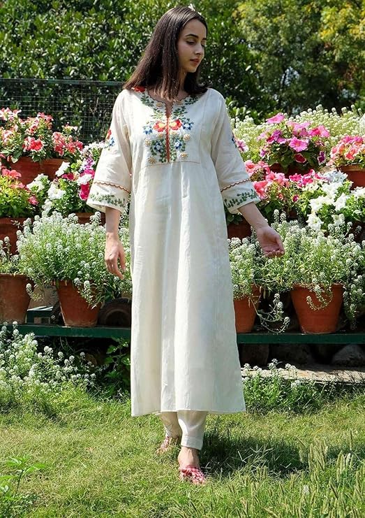 Women's Cotton Embroidered Straight Kurti with Pant