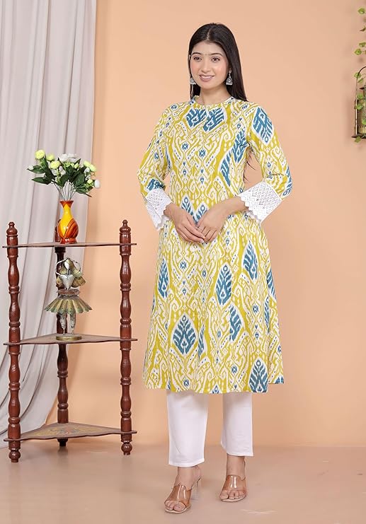 Women's Cotton Printed Mandarin Collar A-Line Kurti with Pant (Lemon)